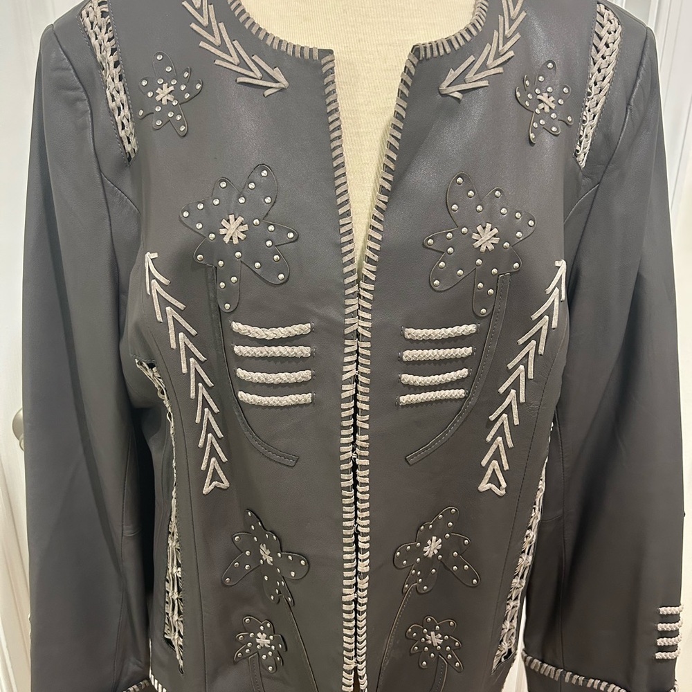 Pamela McCoy Gray Leather Jacket with Floral Embroidery